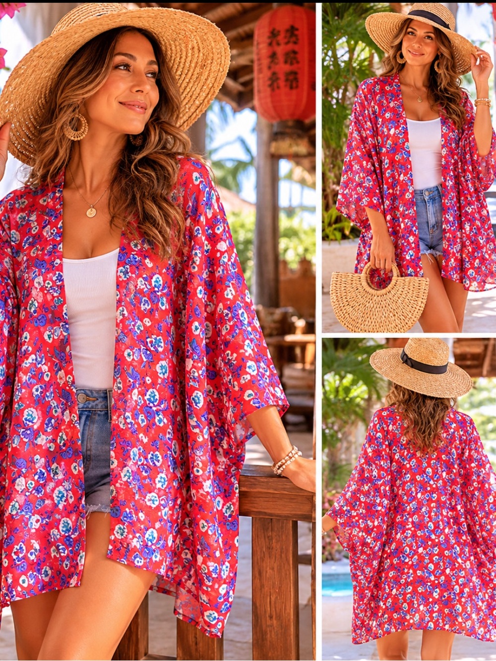 Kimono Floral Pink Blue One Size Large Summer Beach Coverup